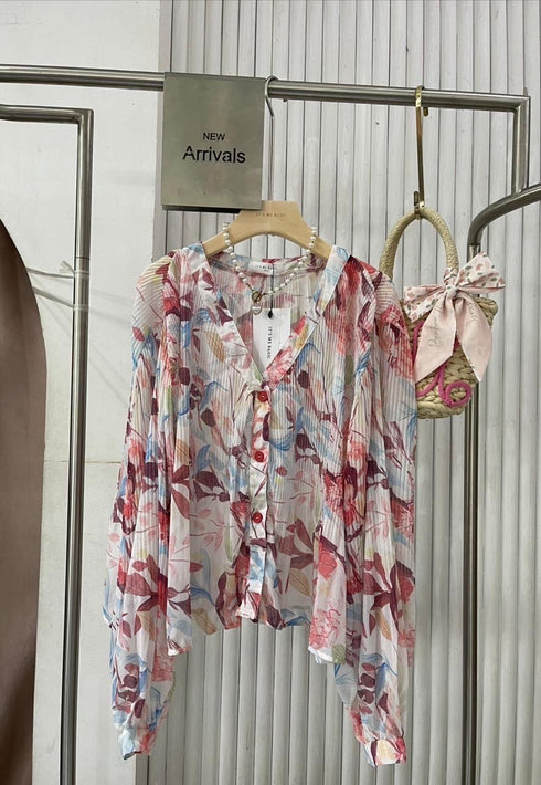 Summer Floral Print Loose V-Neck Tops